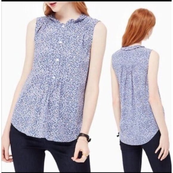 Kate Spade Silk Top Blue Ditsy Floral Sleeveless Pleated Viscose XS - Picture 1 of 5